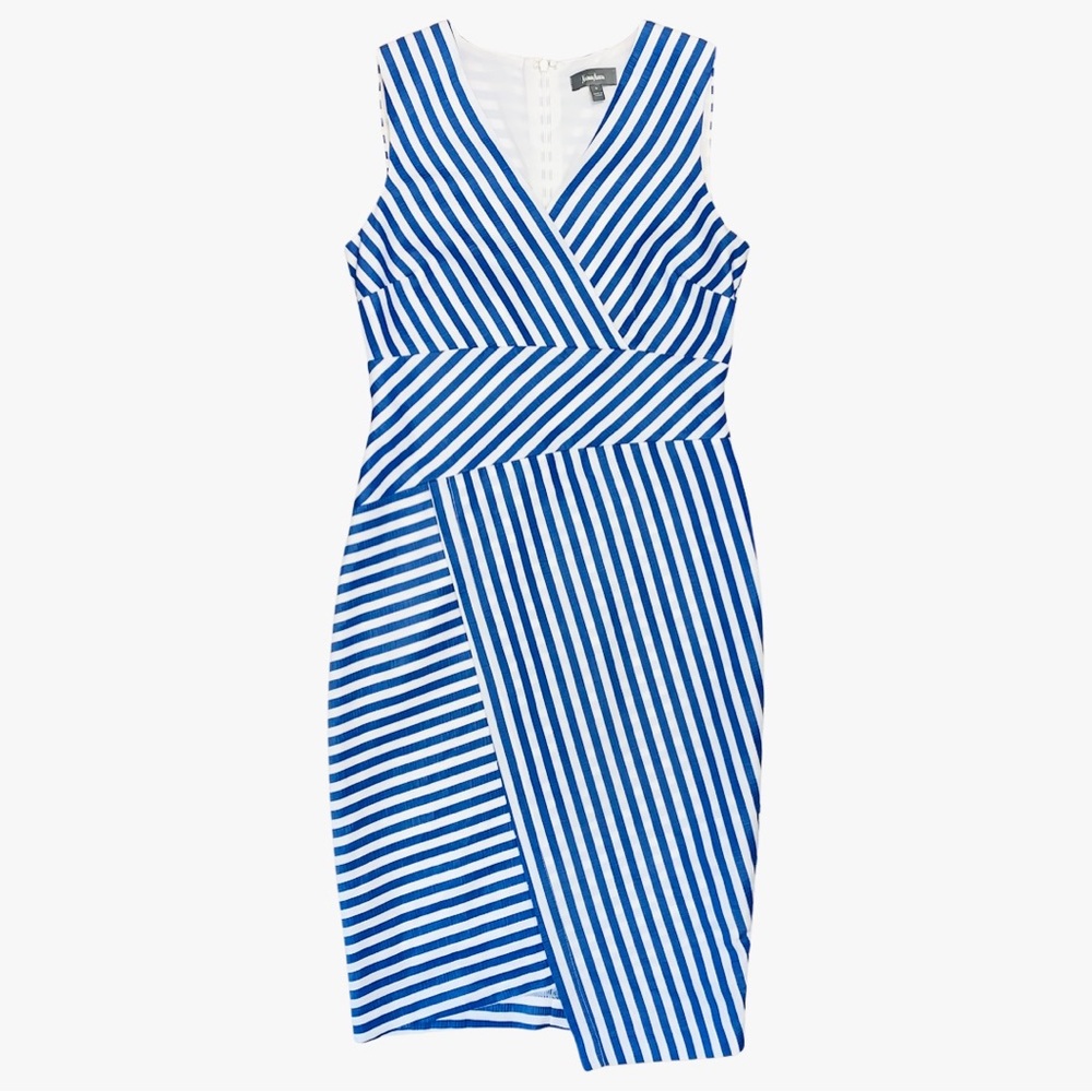 Neiman Marcus Striped Asymmetrical Faux Wrap Dress Sleeveless Fitted Nautical